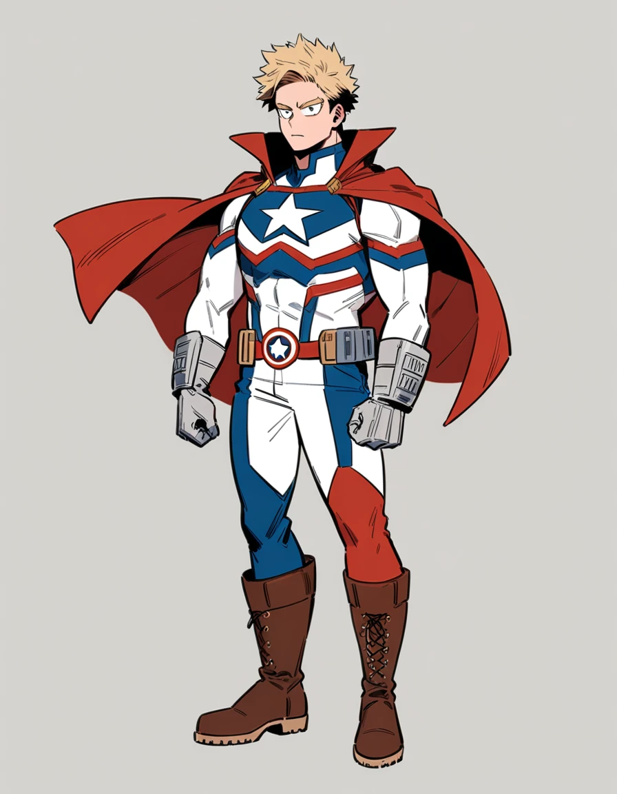 One boy, male focus, brown and blond hair, boku no hero academia, masterpiece, best quality, very aesthetic, red, blue, white super hero suit, cape, boots, captain America like, proportionally anatomical, full body illustration, casual front pose.