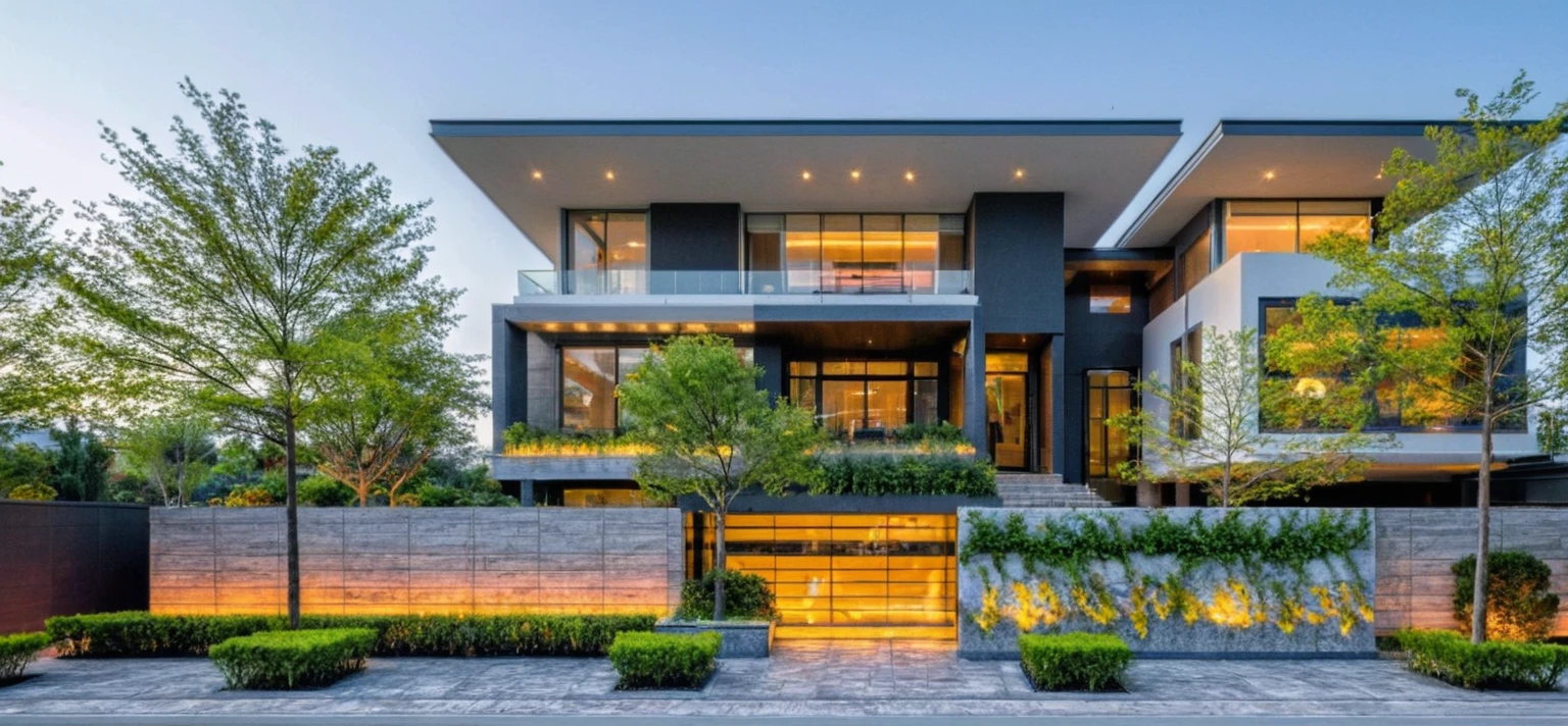 Real pictures of houses with balconies and balconies, idea houses, architectural ideas, architectural drawings, house designs, real pictures, daylight, beautiful plants, gray aluminum glass doors , interior lighting, spot light, 8k.