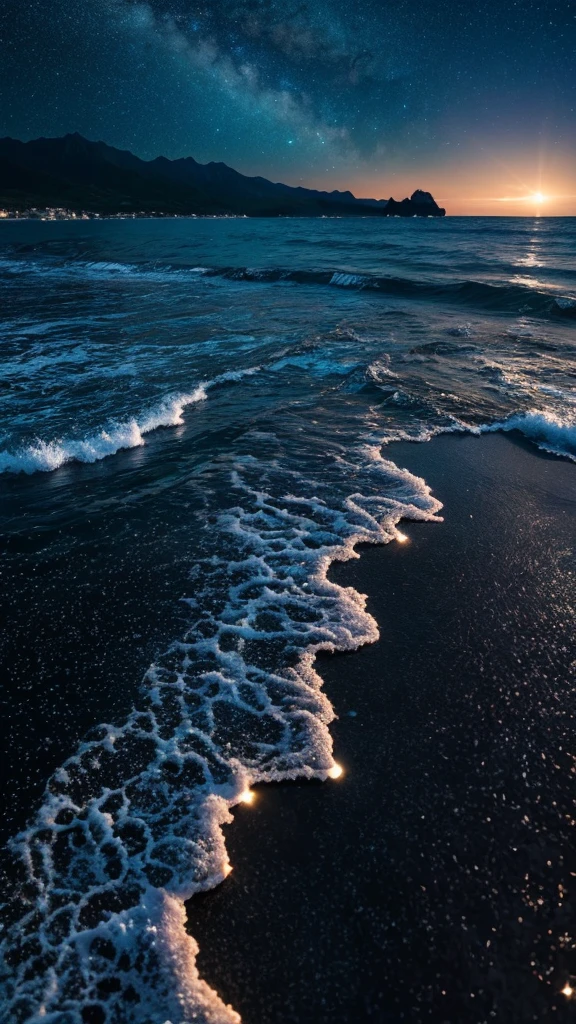 Night Sky、Night view、The sparkling sea seen from the mountain、star々Sparkle of、blue is beautifulNight Sky、満点のstar空、Seashells reflecting light、blue is beautiful、「My irritation is、Not being able to control and do what you want to do」and written vertically in Japanese、glossy、high resolution、beauty、