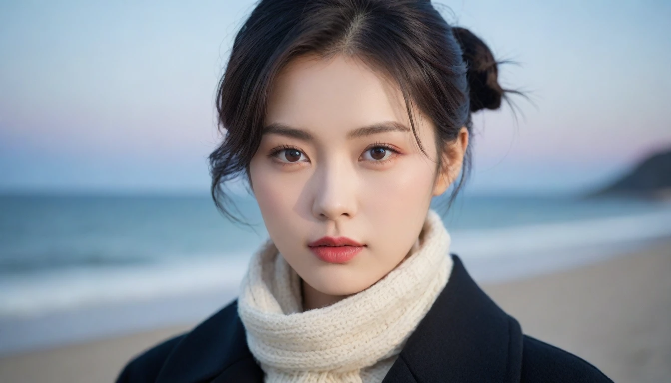 8K, 超high resolution, best quality, masterpiece, surreal, painting,A three-part method, 1 girl, (:1.3), Pretty Woman, Cute face, Beautiful Eyes in Every Detail,Japanese female announcer,(wearing a long winter coat and scarf、Close-up of thin black double-sided updo:1.5)、(The girl turned around with a very sad expression., Her hair blowing in the wind on a winter beach:1.5)、(blurred background:1.5)、(red sky at sunset:1.5)、(complete anatomy:1.5)、(full hand:1.3)、(full finger:1.3)、realistic、生painting、tabletop、best quality、high resolution、delicate and beautiful、perfect face、beautiful details、fair skin、real human skin、((thin legs))、bold pose,Super cute supermodel、Please look closely at the camera 、vivid details、detailed、surreal、빛과 painting자,strong light,fashion magazine cover,thin lips, Short hair,1 woman