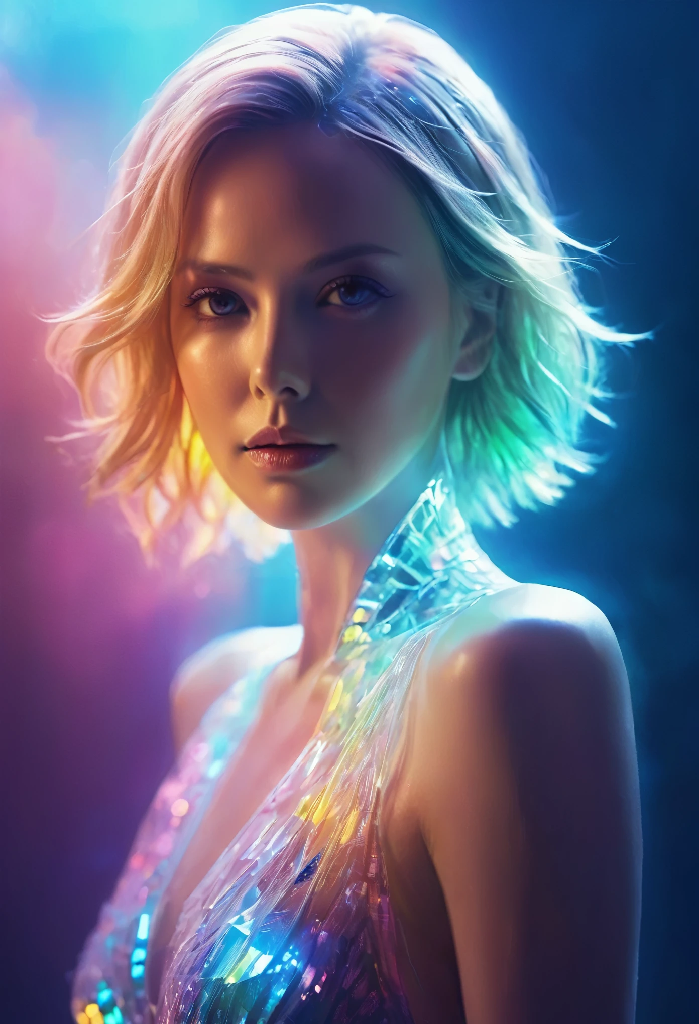 Charlize Theron, A very detailed silhouette of a woman, Silhouette of a phantom figure, (((Clear skin:1.5))), (((translucent:1.5))), neon, Particles of light, Rich and colorful, CMYK Color, Backlight,