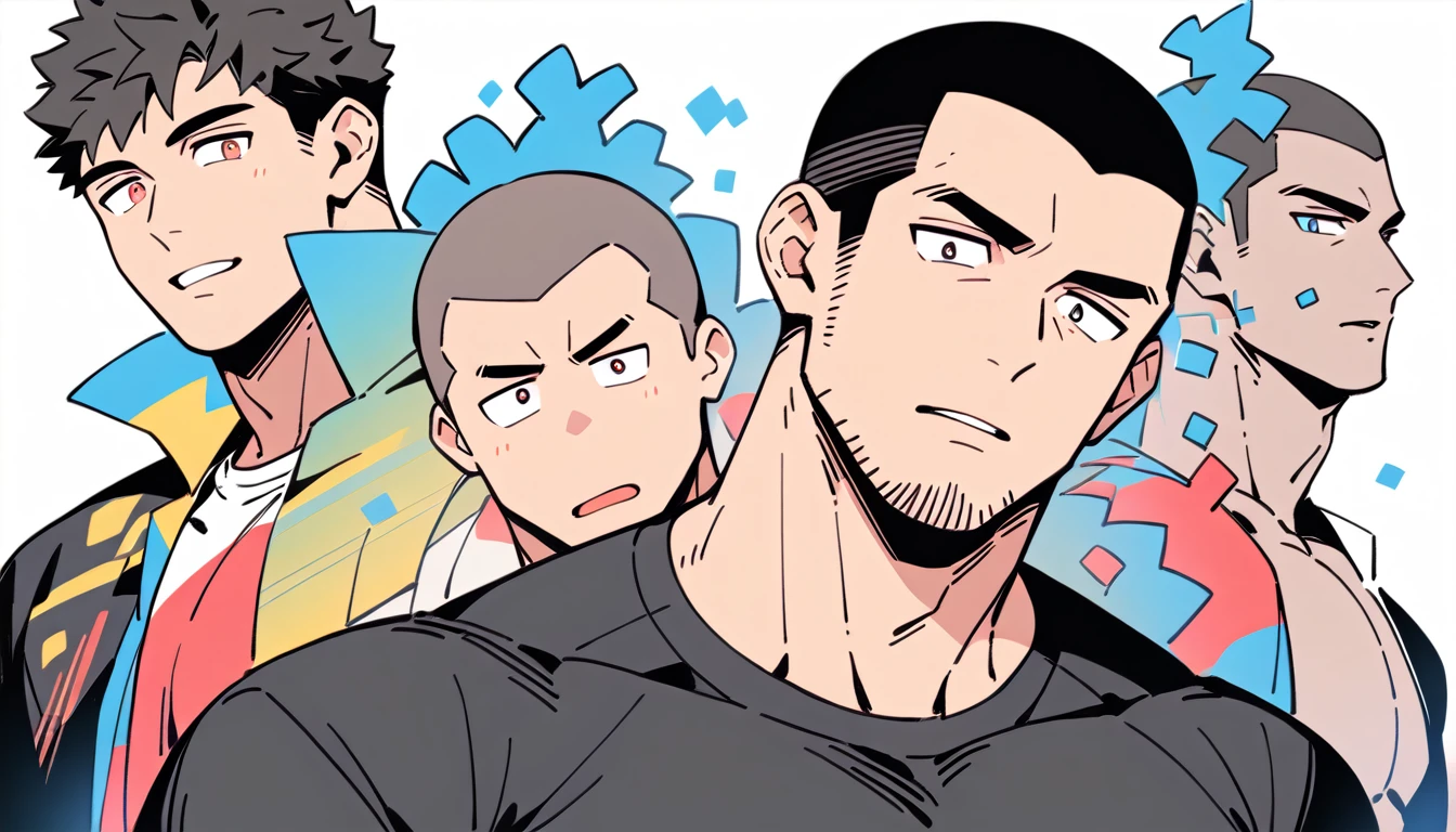 anime characters:Priapus, Muscle Sports Student, Buzz Cut, Manliness, male focus, Light Grey high collar long sleeve tight T-shirt, Very tight, Round, full and perky chest muscles, muscular male, muscular, only, Upper body, alone, Black short hair, Thick eyebrows, stubble, Brown-red pupils, White background, simple background, amazing quality, best aesthetics, Ridiculous, crew cut, parted lips, flustered, endured face, best quality