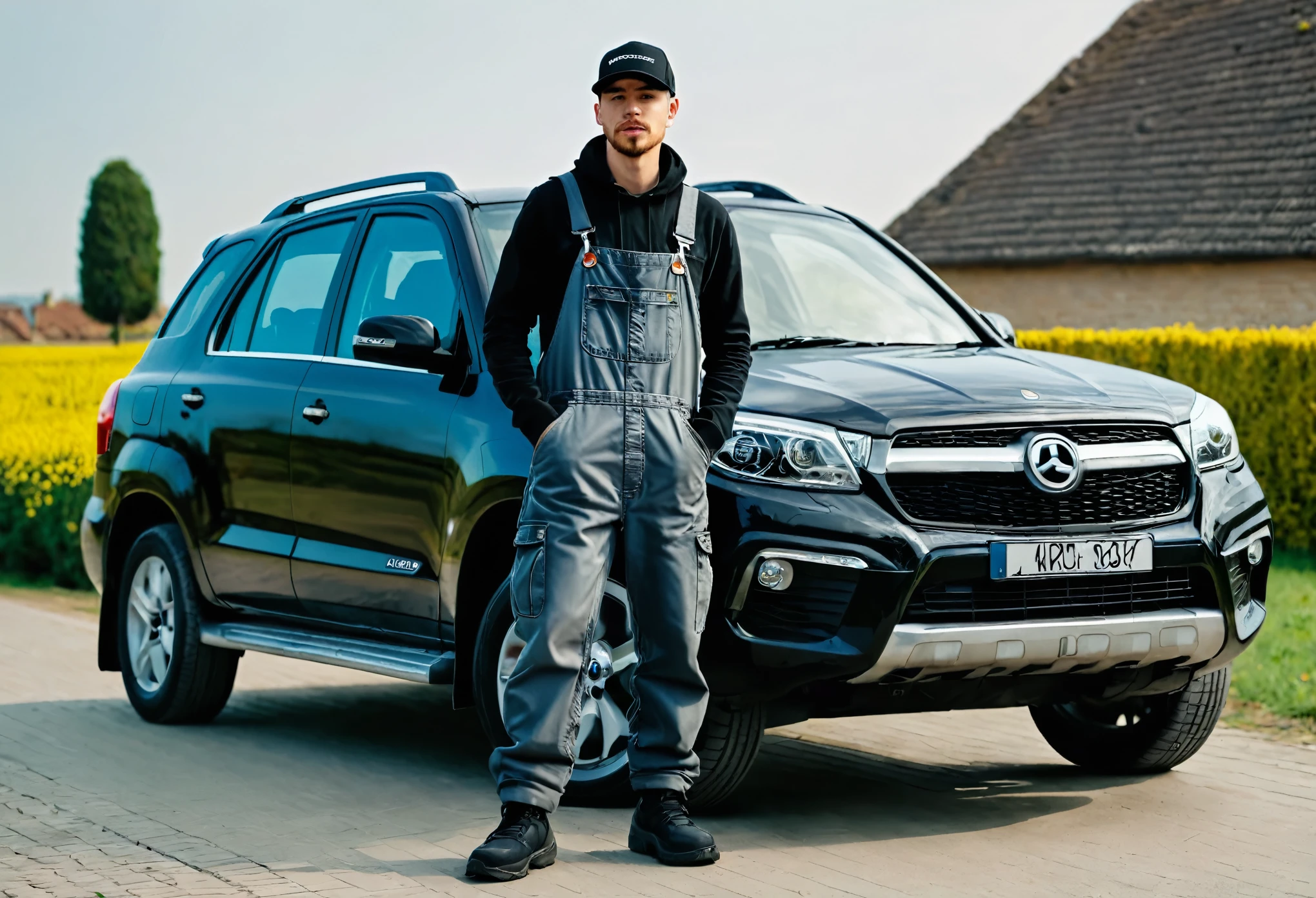 guy wearing work overalls and black cap leaning on car , full body , high quality , 4k , holding karcherr