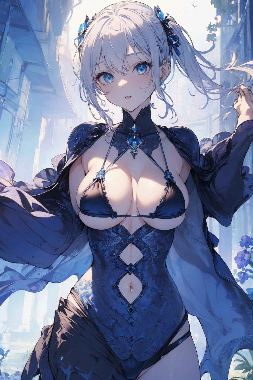 (extreme micro bikini photo:1.1, saggy breat:1.1, in blue waterfront garden:1.5), Masterpiece, best quality, (very detailed CG unity 8k wallpaper), (best quality), High definition RAW color art, Animation,sculptures, (black Marble Skin), (((Ultra detailed elegant))), Magical atmosphere, Detailed skin, Texture,(Intricately detailed, Fine detail, ultra-detail art), depth of fields, bokeh, Silky Touch, Hyper Detail, beautiful eyes, Elegant Face, (lying on blue waterfront), sparkle background, enormous breast:1.3, (silver hair, twintail), pastel purple, embarrassing face, wide open udder, short hair
