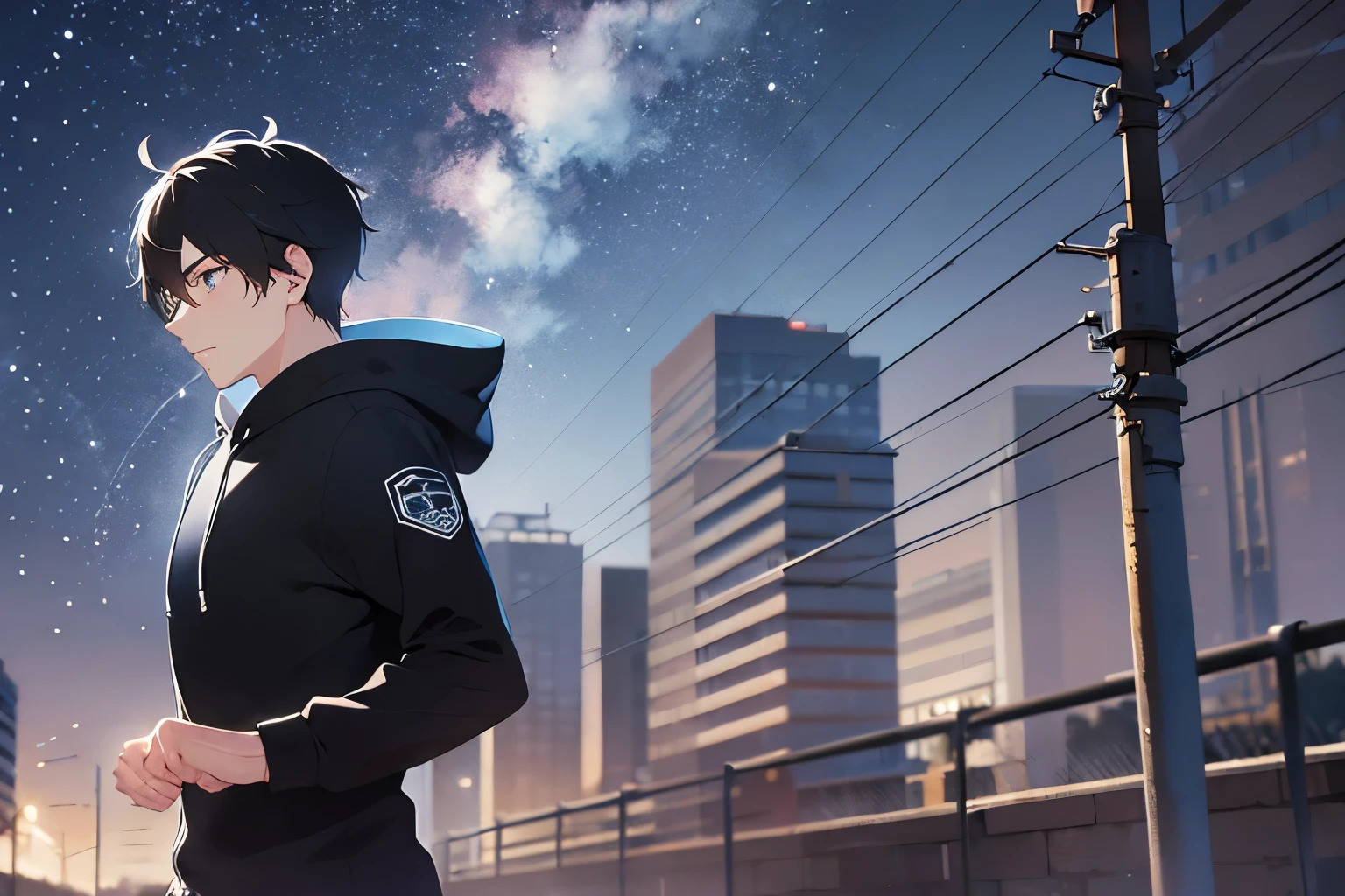 (running:1.5)(looking away:1.5)、upper body、Side shot shiny skin, masterpiece、Highest quality、(25-year-old male:1.5) and (Black short hair) and (blue eyes)
black hoodie,
Background is a park at night、running、Sweat、(Night Sky:1.5),grass、wood、Street lamp