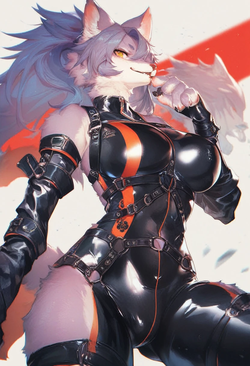 animation, Highest quality, Highest quality, High quality illustrations, masterpiece, Ultra-high resolution, Detailed Background, cyber-, Absurd, Perfect Anatomy, performance, Good lighting, Shadows in the movies(kemono, Furry PersonifiCation), Cat, Rubber suit, latex, neon, neonライト, neonカラー, Racing Suits, Harness