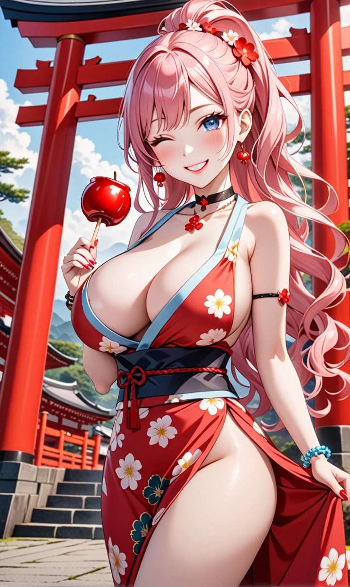 Super detailed, ((One personの少女)), (Pale skin:1.4), Pastel colored gal, (Heavy makeup), (Professional Lighting) Super detailed, Absurd, 8K, Beautiful Face, (Laugh shyly), ((Teasing Smile:1.8)), ((Wink:1.7)), (Laugh with your mouth wide open),((Tilt your face:1.6)), View your audience, ((Bright red cheeks:1.6)),Glossy Red Lips, ((Big Breasts:1.6)), ((Take off:1.2)), noon, Shrine Festivals,In front of the torii gate, ((Eat candy apple sticks)), ((Anime style background)),masterpiece, Highest quality, so beautiful,up to date, Complex details, (Pink long nails), (nail art), (ring),(bracelet), (Floral Choker),AI-generated, Complex,High resolution, Highest quality, super high quality,3D Images、3D Images,One person,Pastel pink long hair,(High Ponytail), (Wavy Hair:1.3), Pastel colored anime woman posing for a photo, ((Fine grain、blue eyes、Glowing Eyes:1.4)), (Squint your eyes:1.1), (one eye closed:1.6), a hyperRealistic , hyperRealistic , Realistic,Anime woman with long pastel pink hair, Smooth anime CG art, A girl wearing a gorgeous kimono in pastel colors, ((Pastel-colored furisode)),(Pink large floral pattern), (sideboob), Long flower hair ornament,Floral Earrings, Mature Body, Tall,Tight waist,((from side)), ((Leaning forward:1.2)),