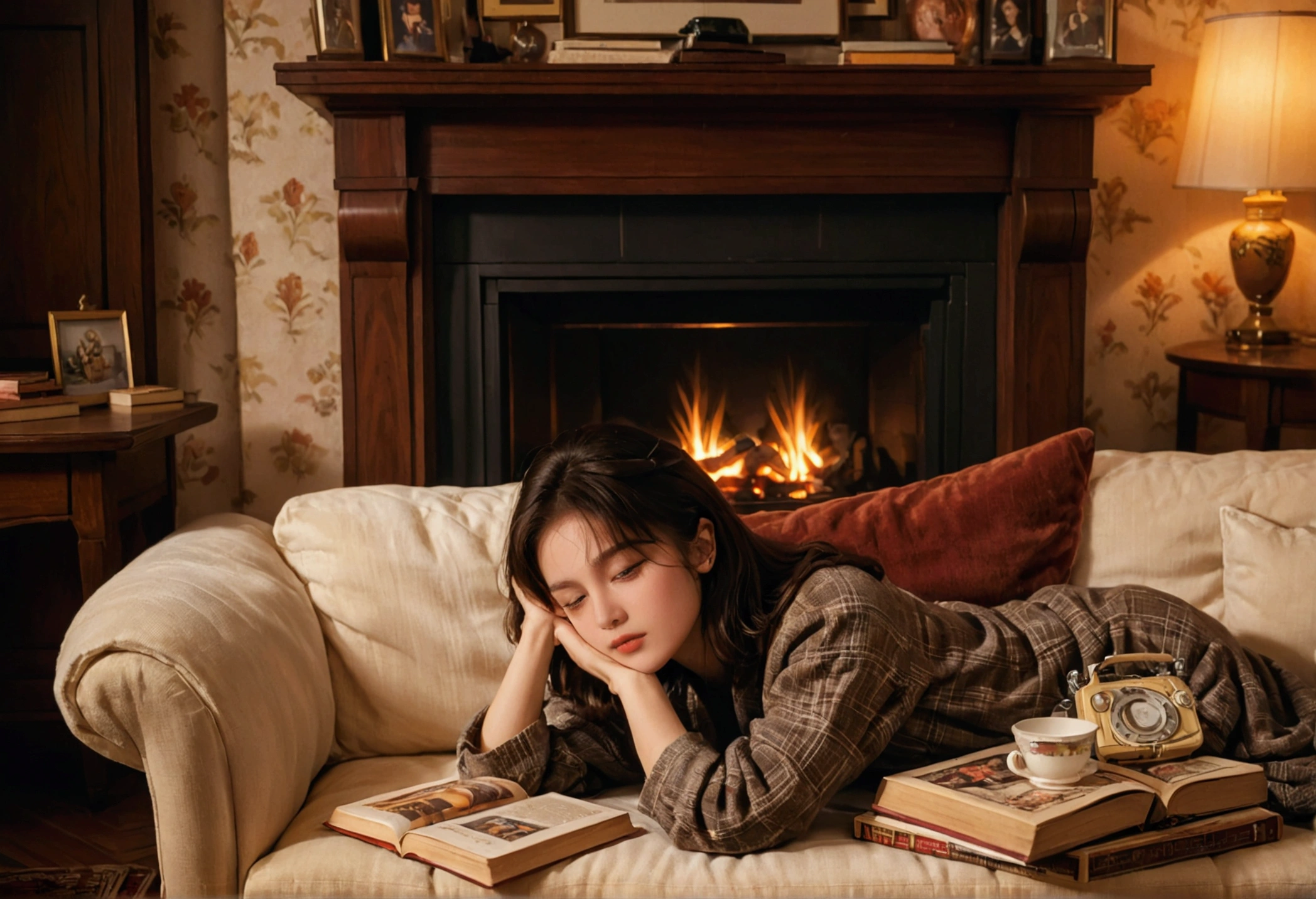 A cinematic photograph captures the quintessential warmth and coziness of a 1990s living room. The fireplace emanates a welcoming glow, as the flames dance playfully against the brick interior. A woman sleeps peacefully on a plush sofa, embracing a cherished book to her chest. A vintage radio, perched on a nearby table, evokes a sense of nostalgia. The room is adorned with timeless furnishings and distinct 90s patterned wallpaper, all bathed in a soft, warm light that creates a tranquil and soothing atmosphere., photo, poster, cinematic