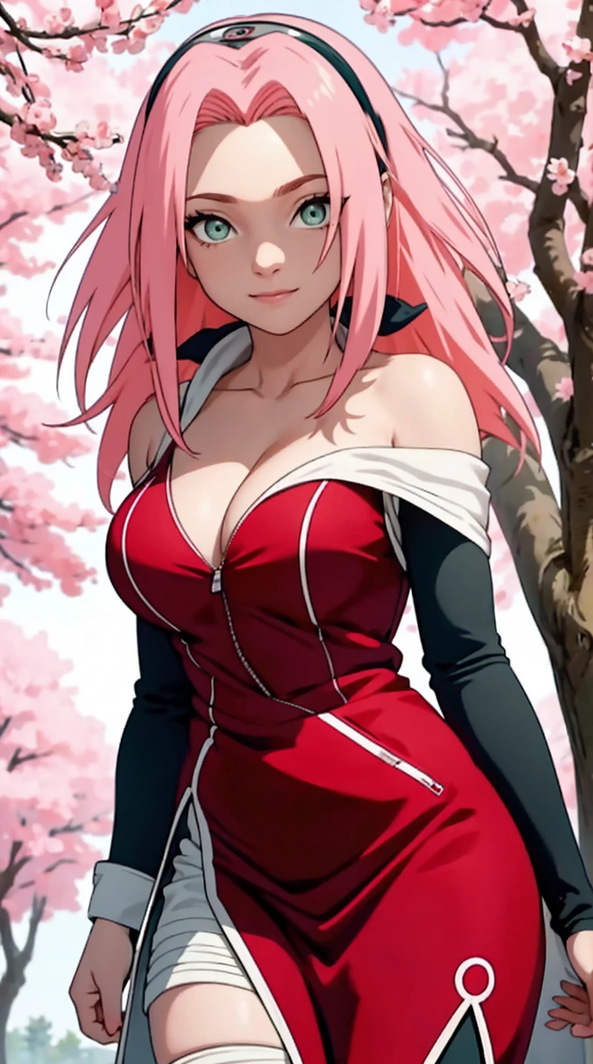 tmasterpiece， Best quality at best， 1girll， Sakura Haruno， Large breasts，Off-the-shoulder attire，upperbody closeup)，Raised sexy，is shy，ssmile，with pink hair， long whitr hair， （Green eyeballs:1.4)， Forehead protection， the cherry trees，Cherry blossoms flying，Red clothes，Zipper pulled down far, (very deep cleavage), revealing dress, breasts visible, slutty, (front zipper of dressed pulled down far), (open dress), navel, zipper pulled down till cortch,