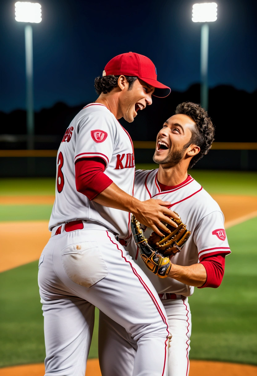 (Baseball Player), After the baseball game, the players cheered and hugged each other on the field, celebrating their victory. The background was the baseball field, and the joyful expression focused on the victory, full body, award-winning, cinematic still, emotional, vignette, dynamic, vivid, (masterpiece, best quality, Professional, perfect composition, very aesthetic, absurdres, ultra-detailed, intricate details:1.3)