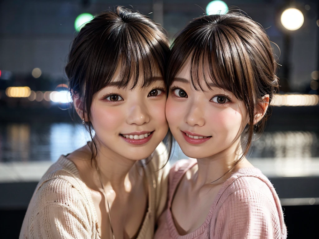 Japan girls in casual clothes、Watch your audience、Tokyo cityscape at night、(top-quality、Master masterpiece)))、HD fine、ighly detailed、Master masterpiece、Movie Lighting、(8K、top-quality、Master masterpiece:1.2)、(realisitic、Photorealsitic:1.37) Hi-Res、Super Detail、Woman with glasses、Silent look、Round glasses、ASİAN, cute little, Cute face, solo, Short hair 1.2, Textured skin, Beautiful smile, Beautiful detailed night sky, night landscape, Movie Lighting, depth of fields, Lens flare light、Dating、(blush nose)、、(Mouth closed)tiny chest、Beautiful eye for detail、(Sweaters:1.1)、(Short hair:1.2)、Floating hair Nova frog style、
