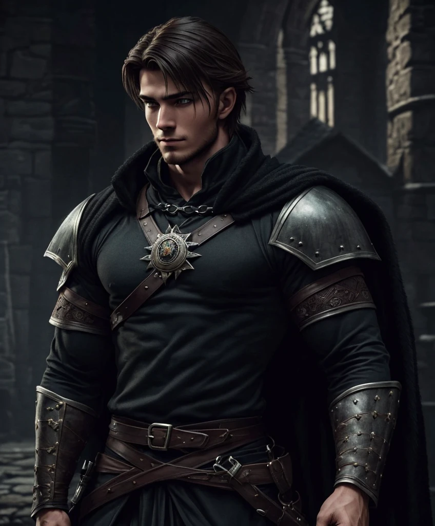 (((Single character image.))) (((1boy))) (((Dressed in medieval fantasy attire.)))  (((Generate a darkly handsome male character for a fantasy setting.))) (((Appears to be 20 years old with youthful looks.))) (((Looks like the ideal vision of a sexy, handsome rugged male.))) Design a handsome, attractive male adventurer for a fantasy setting.  He has strong features and shoulder length blond hair. (((The background to the image is dark and eerie..)))  (((Looks like male fitness model Anton Antipov.))) best quality:1.0,hyperealistic:1.0,photorealistic:1.0,madly detailed CG unity 8k wallpaper:1.0,masterpiece:1.3,madly detailed photo:1.2, hyper-realistic lifelike texture:1.4, picture-perfect:1.0,8k, HQ,best quality:1.0, 