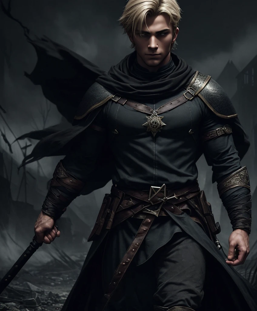 (((Single character image.))) (((1boy))) (((Dressed in medieval fantasy attire.)))  (((Generate a darkly handsome male character for a fantasy setting.))) (((Appears to be 20 years old with youthful looks.))) (((Looks like the ideal vision of a sexy, handsome rugged male.))) Design a handsome, attractive male adventurer for a fantasy setting.  He has strong features and shoulder length blond hair. (((The background to the image is dark and eerie..)))  (((Looks like male fitness model Anton Antipov.))) best quality:1.0,hyperealistic:1.0,photorealistic:1.0,madly detailed CG unity 8k wallpaper:1.0,masterpiece:1.3,madly detailed photo:1.2, hyper-realistic lifelike texture:1.4, picture-perfect:1.0,8k, HQ,best quality:1.0, 