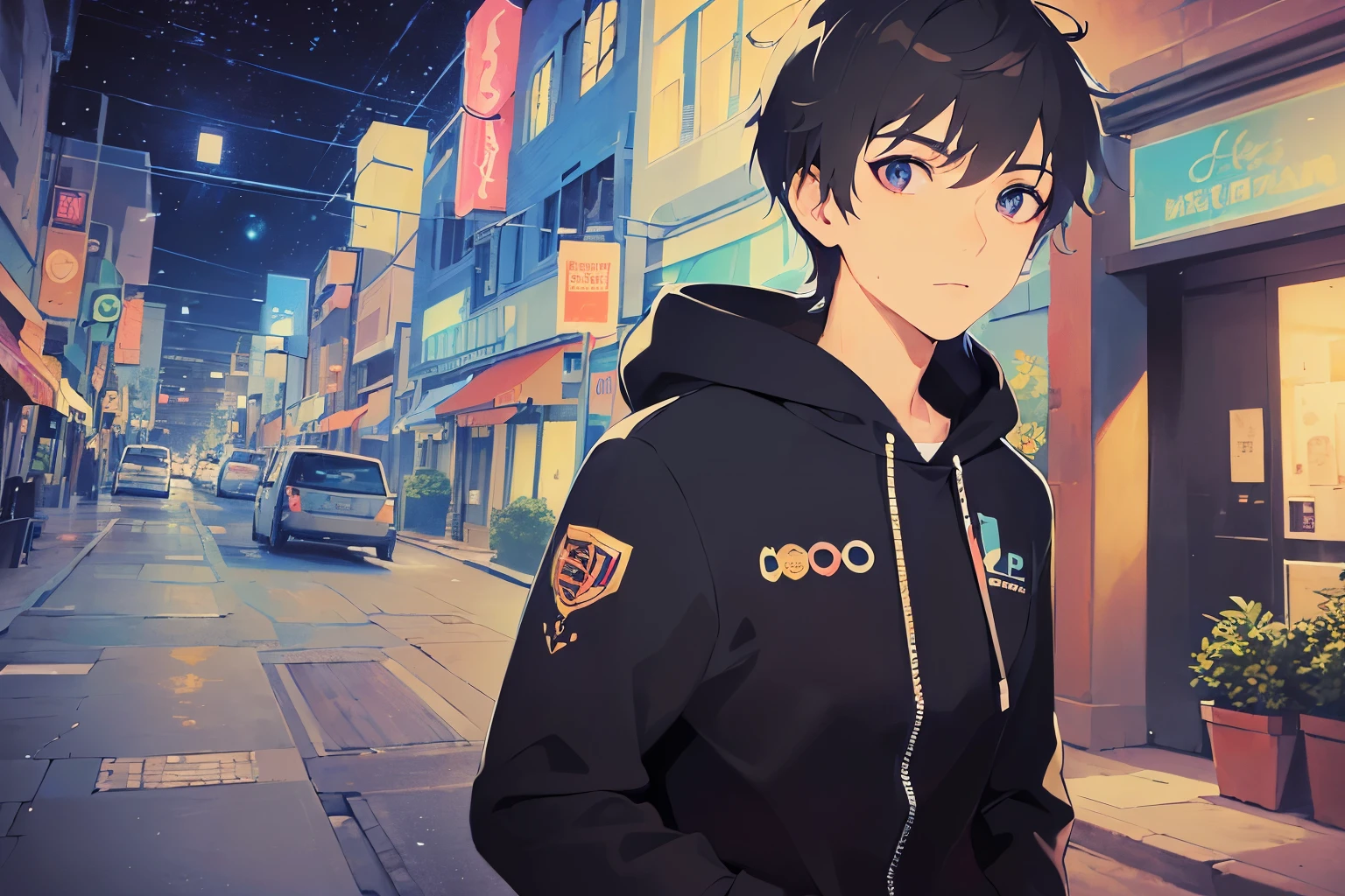 (running:1.5)(looking away:1.5)、upper body、Side shot shiny skin, masterpiece、Highest quality、(25-year-old male:1.5) and (Black short hair) and (blue eyes)
black hoodie,
Background is a park at night、running、Sweat、(Night Sky:1.5),grass、wood、Street lamp