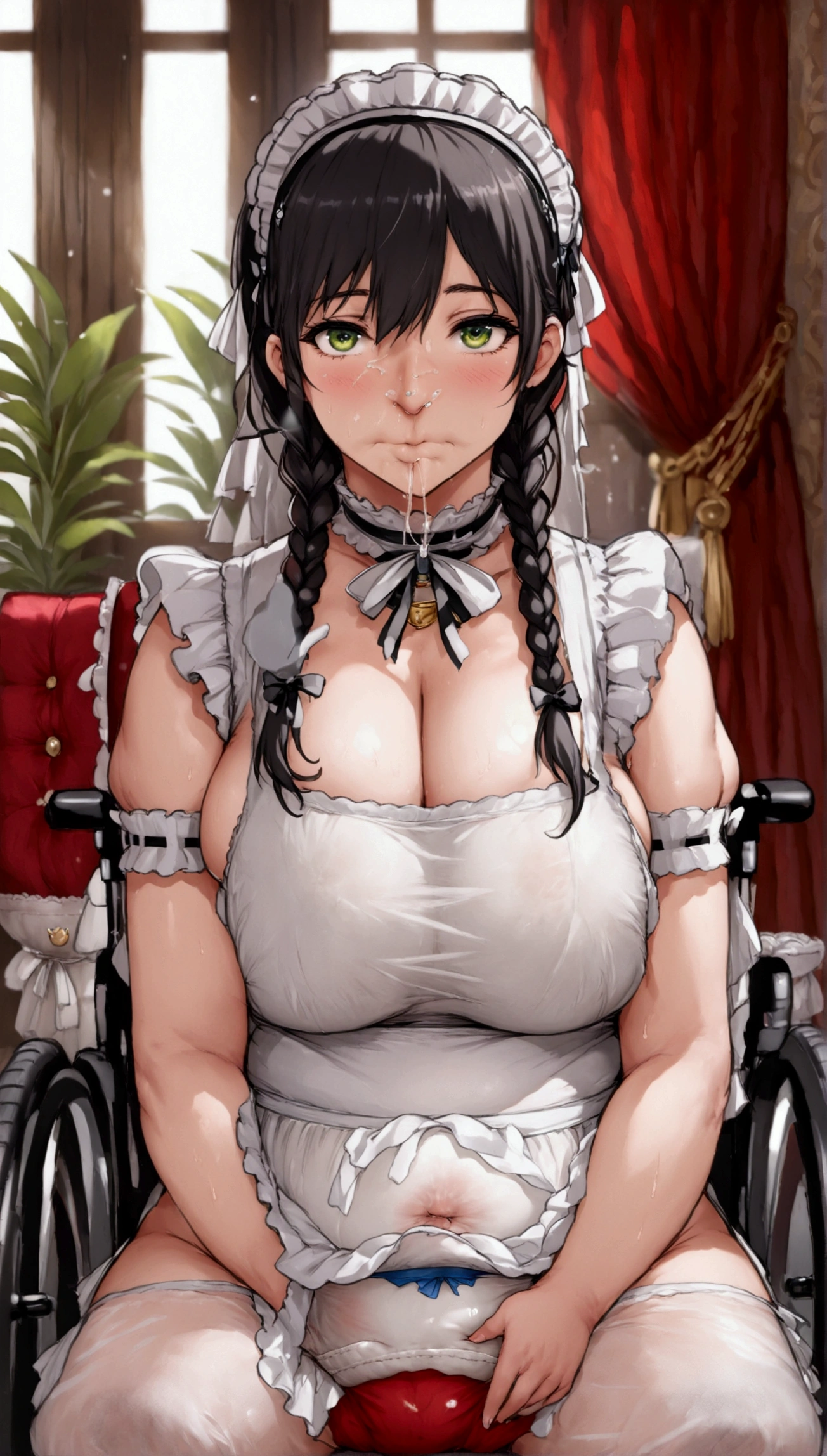 Anime. 1 girl. Slave. Housemaid. Disabled person. Ssbbw. Amputee. Armless. Legless. Black hair. Long hair. Hair gathered in braids. Green eyes. Beautiful eyes. Perfect eyes. Expressive eyes. Beautiful nose. Snotty nose. Snot flows from the nose. Very thick body. The arms were amputated at the elbows. Very thick hands. The legs were amputated at the knees. Very thick legs. Big fat belly. Big fat butt. Big breasts. Beautiful breasts. slave collar. Maid uniform. Diaper. Dirty diaper. Diaper mess. Sitting. Full height. Wheelchair. Living room of a luxury mansion. Cold. Runny nose. Nasal mucus. Snot. Wants to sneeze. I have to sneeze. Sneezes. Sneezes with snot. Snot comes out of your nose when you sneeze. Poops diarrhea in diaper. Full body. Extremely detailed CG Unity 8k wallpaper. Ideal lighting. Ultra high resolution 4K. Super detailed 8K resolution.