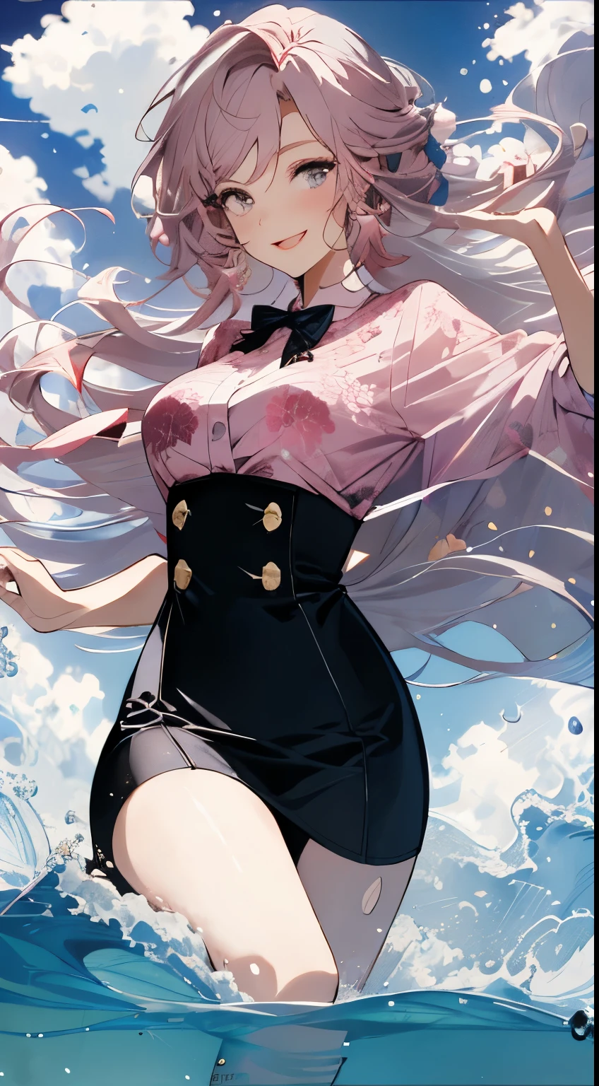 ((masterpiece, the best)),(1 Girl),((Mature woman)), Light pink hair, dizzy, trumpet, ((office lady)), Bangs, Middle chest, (full), Slim, Smile, [Wide hips] ,office,permanent, Got it \(Blue Files\),