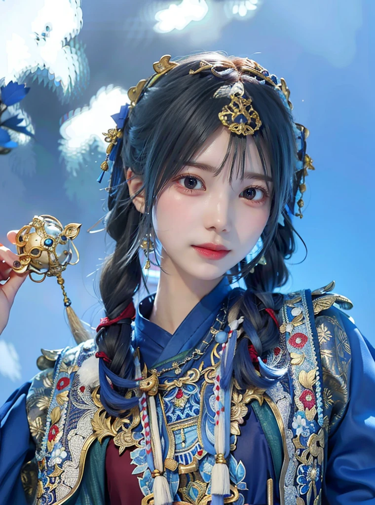 Allard woman in blue dress，A bird in his hand, Aesthetic!!!!!! female elf, Traditional beauty, a young woman as genghis khan, Palace ， A girl in Hanfu, 8K)), kanliu666, ulzzangs, Chinese girl, a beautiful fantasy empress, dilraba dilmurat, traditional garb