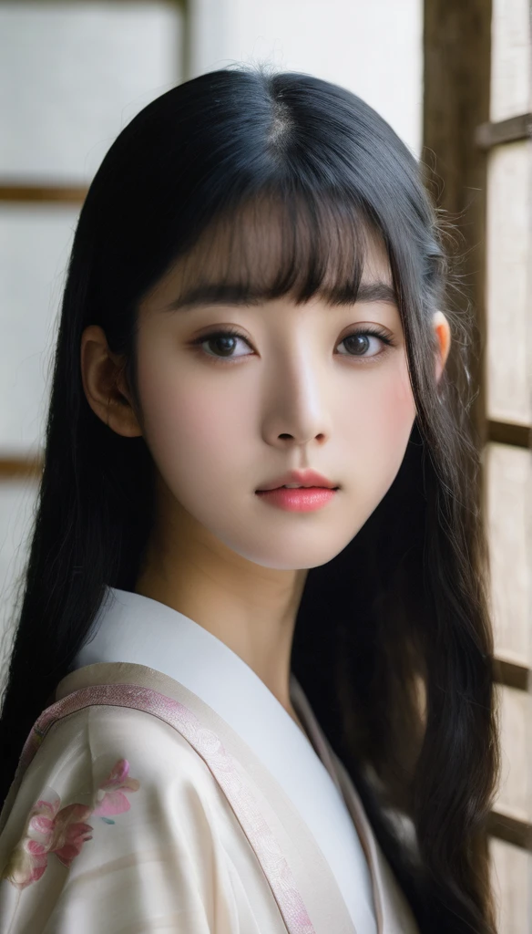 (((Japanese、girl)))、(((Reiko, 16 years old)))、(((White and translucent skin)))、Beautiful shiny long black hair、8-head model style