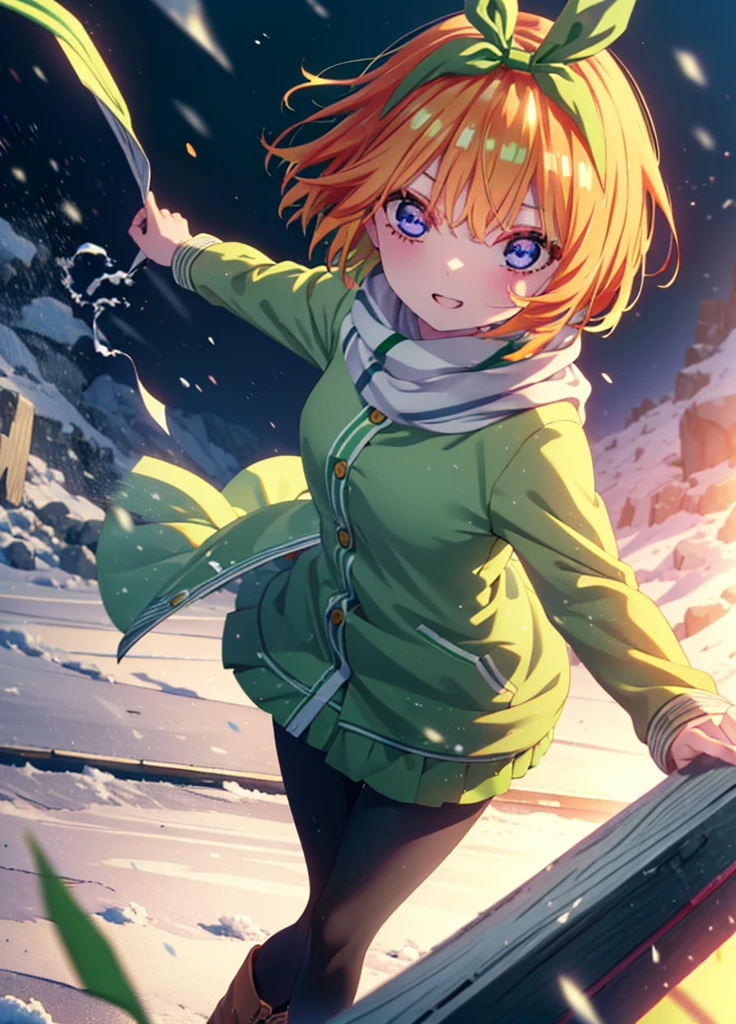 Yotsubanakano, Yotsuba Nakano, bangs, short hair, blue eyes, Hair between the eyes, hair ribbon, hair band, Orange Hair, (Green ribbon:1.5), smile,Green long coat,sweater,White scarf,Long skirt,Black pantyhose,short boots,It&#39;s snowing,Snow is piled up,Walking,whole bodyがイラストに入るように,
break ourdoors, Snow Country,
break looking at viewer, whole body,
break (masterpiece:1.2), Highest quality, High resolution, unity 8k wallpaper, (figure:0.8), (Beautiful attention to detail:1.6), Highly detailed face, Perfect lighting, Highly detailed CG, (Perfect hands, Perfect Anatomy),