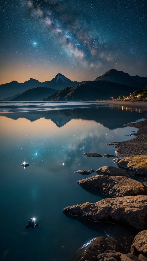 Sea and Sky、starry skies、high resolution、Precision、After the sun goes down、Pacific Ocean、Mountain、Black is beautiful、Reflected light、Glossy、Sparkle of the Starany Stars、The whole is dark、Crystal clear sea、milky way、Night view、Uniform sky