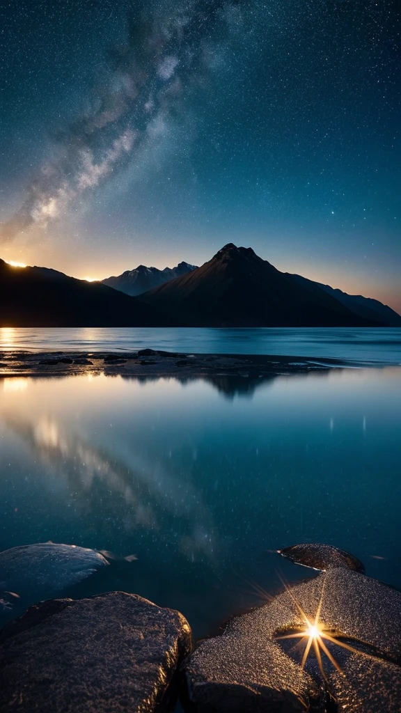 Sea and Sky、starry skies、high resolution、Precision、After the sun goes down、Pacific Ocean、Mountain、Black is beautiful、Reflected light、Glossy、Sparkle of the Starany Stars、The whole is dark、Crystal clear sea、milky way、Night view、Uniform sky