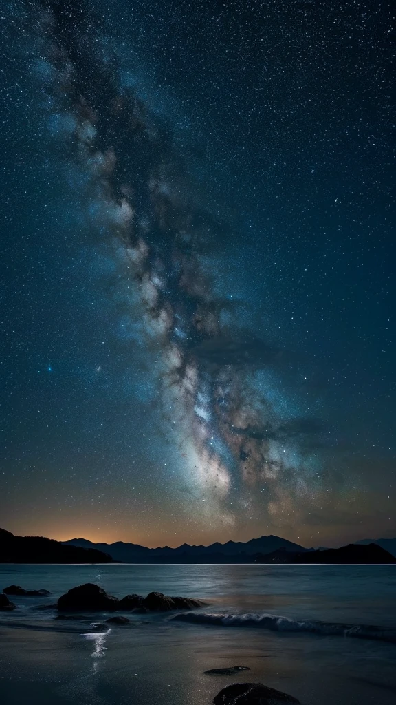 Sea and Sky、starry skies、high resolution、Precision、After the sun goes down、Pacific Ocean、Mountain、Black is beautiful、Reflected light、Glossy、Sparkle of the Starany Stars、The whole is dark、Crystal clear sea、milky way、Night view、Uniform sky