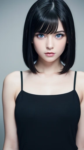 ((masterpiece))) whole body, (One Girl) ((Black Hair,Straight hair, Short Bob))), blue eyes, Beautiful Eyes, 18-year-old girl.AKB