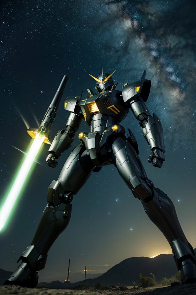 Starry Night，Black Mecha，Mecha left hand heavy artillery，Mecha right hand energy sword，Green eyes