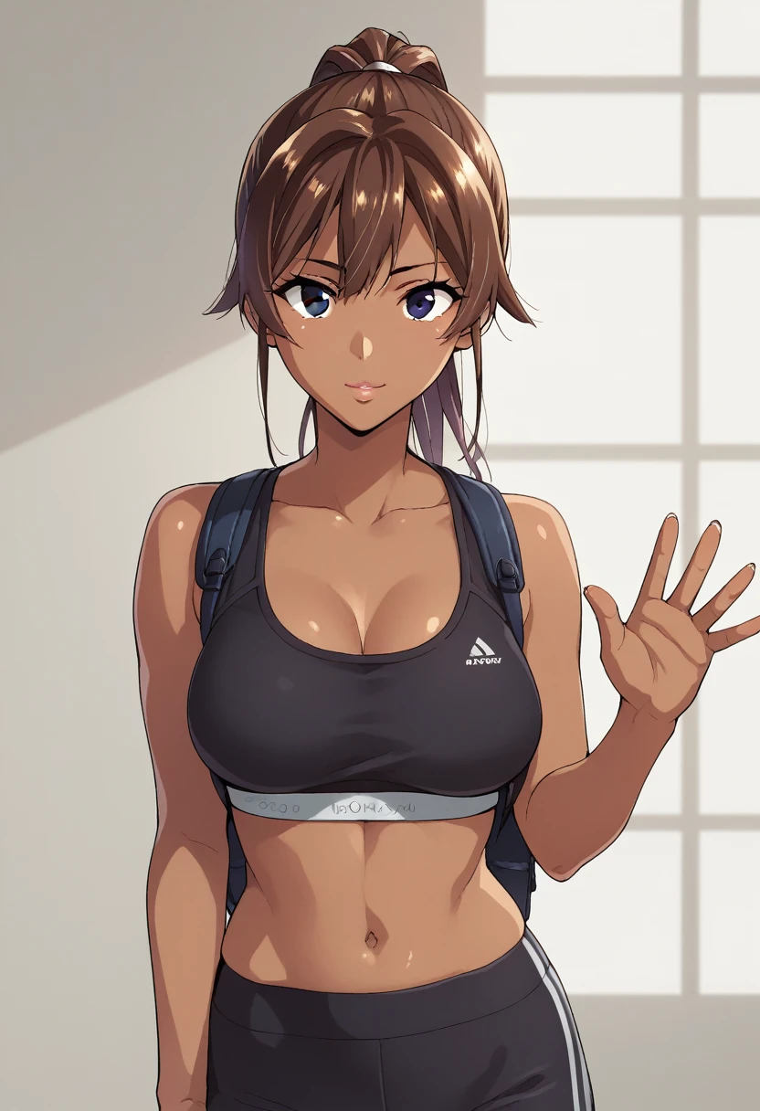 human, ((1girls)), 18 years old, beautiful, ponytail, brown hair, black eyes, Black Yoga sports bra very short, Z cup breasts, ((brown skin)), fair body, 1m78, deserted, ((Takeda Hiromitsu style)), holding a small backpack, waving hello,