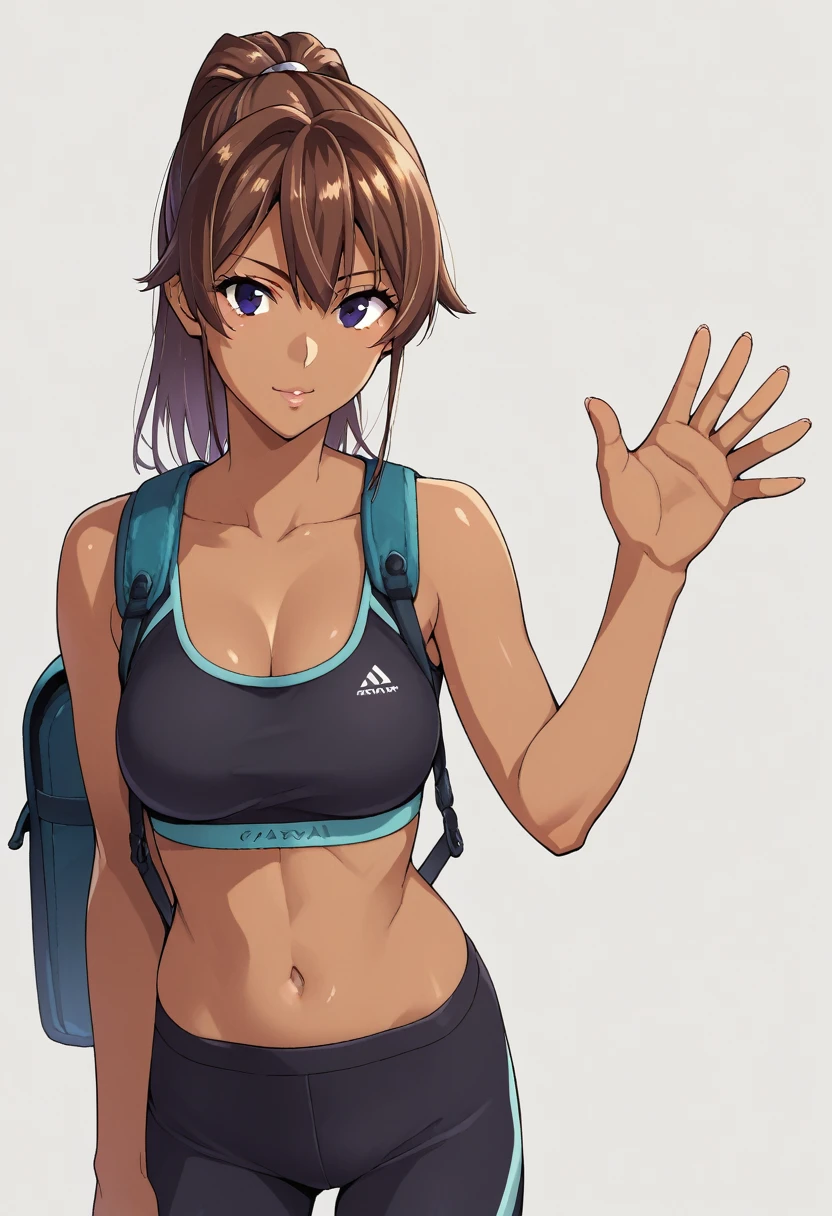 human, ((1girls)), 18 years old, beautiful, ponytail, brown hair, black eyes, Black Yoga sports bra very short, Z cup breasts, ((brown skin)), fair body, 1m78, deserted, ((Takeda Hiromitsu style)), holding a small backpack, waving hello,