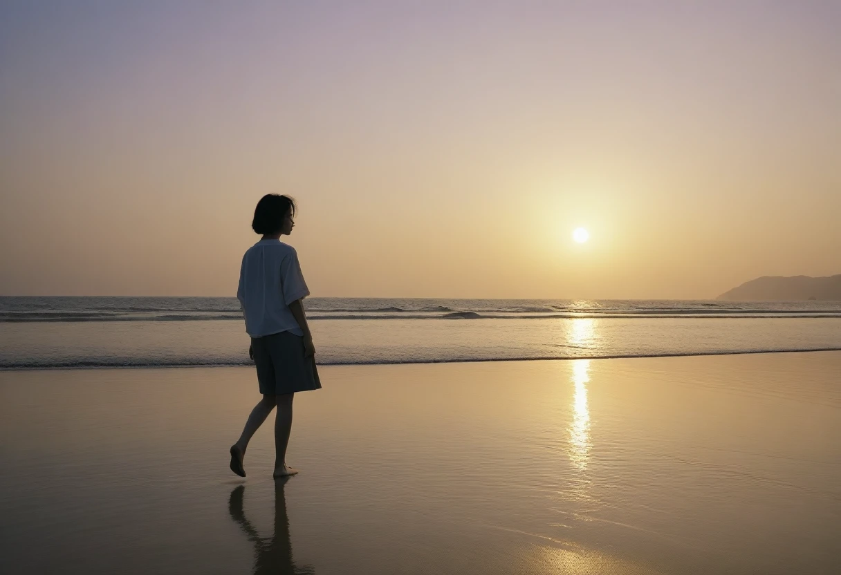8K, Vivid picture quality, long deserted beach, A woman with short hair walking from afar, sunset의 붉은 빛, sunset, alone, afternoon, depressed, tide가 밀려온다, ocean, tide, wind, short korean girl, calm tide,