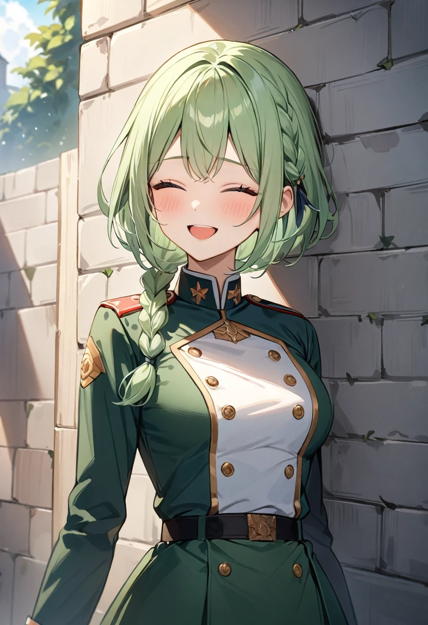 (masterpiece, top quality, very aesthetic, 4k、illustration), intricate detail, 1girl,Standing in front of a wall、(upper body)、happy smile、Open mouth、closed eyes、(braid hair)、
Cute 、light green hair、,middle hair,sidelock ,,blue eyeilitary uniform、Tight skirt、,medium breasts、Slim 、