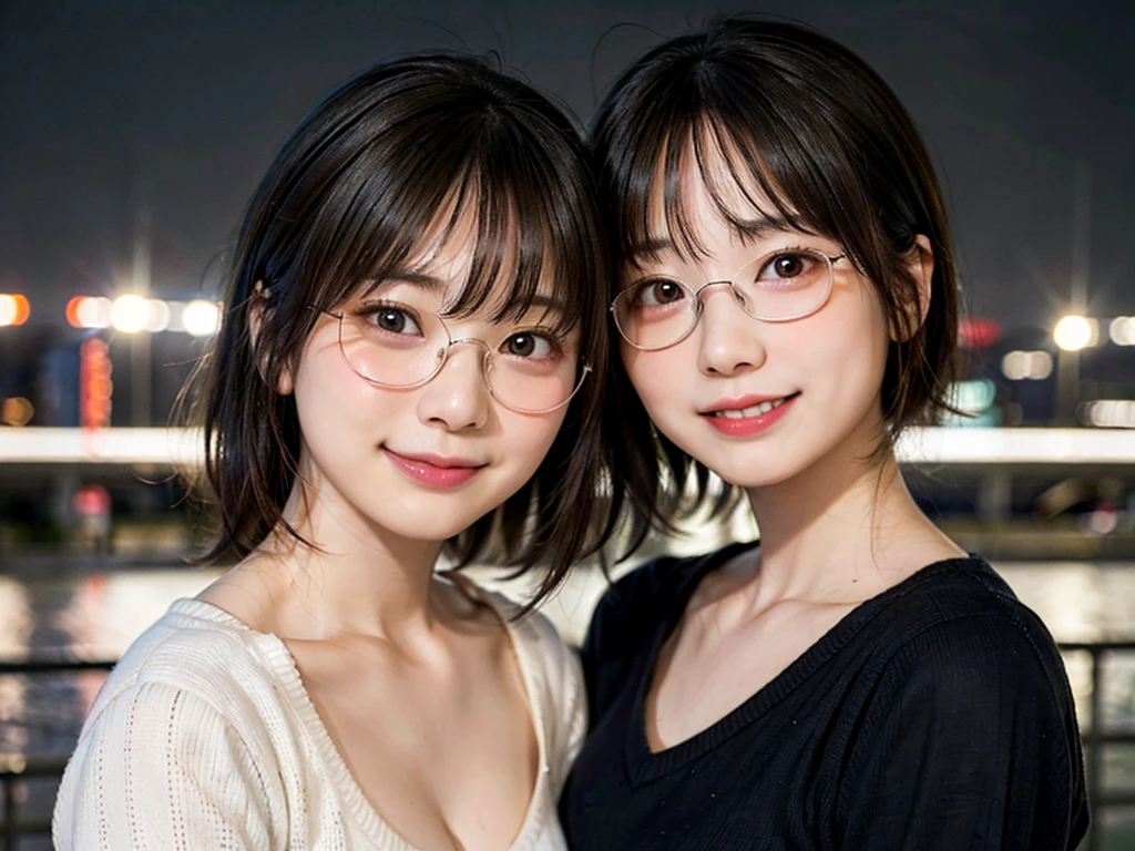 Japan girls in casual clothes、Watch your audience、Tokyo cityscape at night、(top-quality、Master masterpiece)))、HD fine、ighly detailed、Master masterpiece、Movie Lighting、(8K、top-quality、Master masterpiece:1.2)、(realisitic、Photorealsitic:1.37) Hi-Res、Super Detail、Woman with glasses、Silent look、Round glasses、ASİAN, cute little, Cute face, solo, Short hair 1.2, Textured skin, Beautiful smile, Beautiful detailed night sky, night landscape, Movie Lighting, depth of fields, Lens flare light、Dating、(blush nose)、、(Mouth closed)tiny chest、Beautiful eye for detail、(Sweaters:1.1)、(Short hair:1.2)、Floating hair Nova frog style、