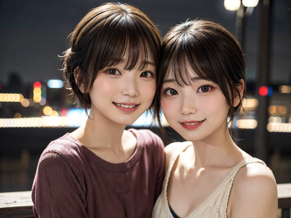 Japan girls in casual clothes、Watch your audience、Tokyo cityscape at night、(top-quality、Master masterpiece)))、HD fine、ighly detailed、Master masterpiece、Movie Lighting、(8K、top-quality、Master masterpiece:1.2)、(realisitic、Photorealsitic:1.37) Hi-Res、Super Detail、Woman with glasses、Silent look、Round glasses、ASİAN, cute little, Cute face, solo, Short hair 1.2, Textured skin, Beautiful smile, Beautiful detailed night sky, night landscape, Movie Lighting, depth of fields, Lens flare light、Dating、(blush nose)、、(Mouth closed)tiny chest、Beautiful eye for detail、(Sweaters:1.1)、(Short hair:1.2)、Floating hair Nova frog style、