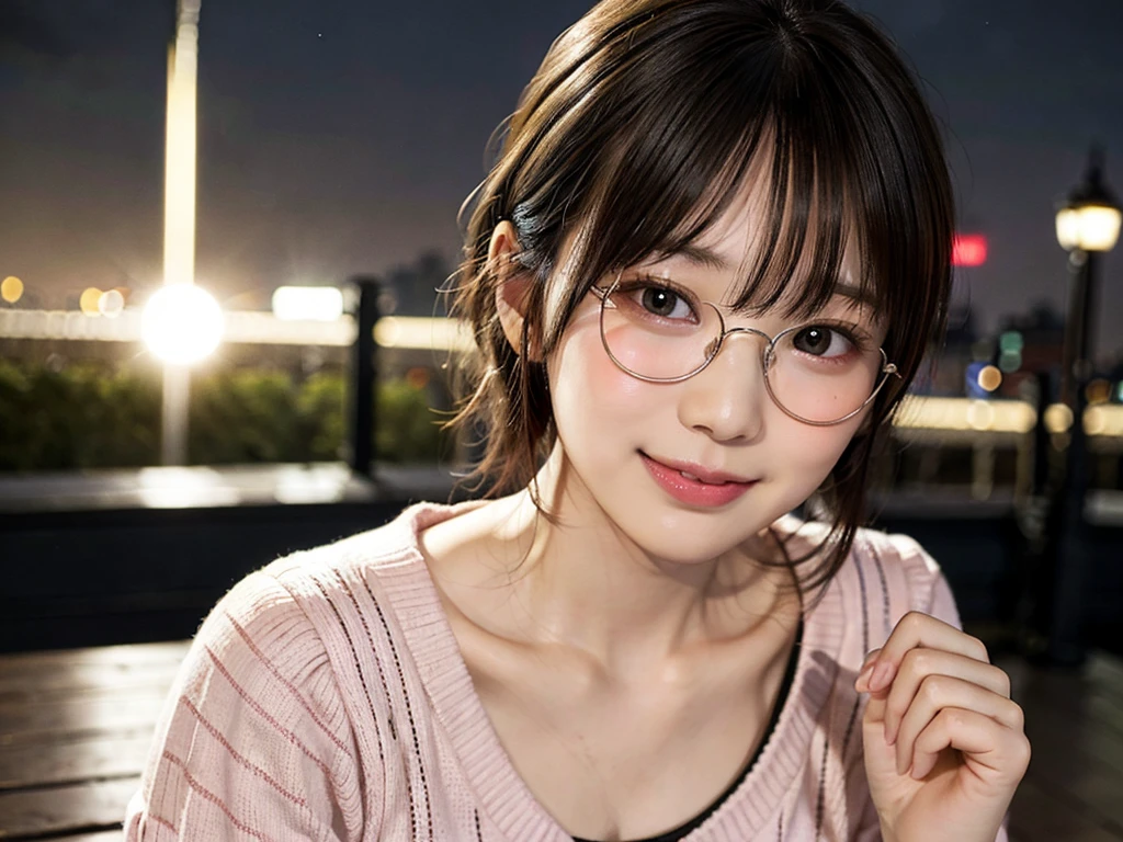 Japan girls in casual clothes、Watch your audience、Tokyo cityscape at night、(top-quality、Master masterpiece)))、HD fine、ighly detailed、Master masterpiece、Movie Lighting、(8K、top-quality、Master masterpiece:1.2)、(realisitic、Photorealsitic:1.37) Hi-Res、Super Detail、Woman with glasses、Silent look、Round glasses、ASİAN, cute little, Cute face, solo, Short hair 1.2, Textured skin, Beautiful smile, Beautiful detailed night sky, night landscape, Movie Lighting, depth of fields, Lens flare light、Dating、(blush nose)、、(Mouth closed)tiny chest、Beautiful eye for detail、(Sweaters:1.1)、(Short hair:1.2)、Floating hair Nova frog style、