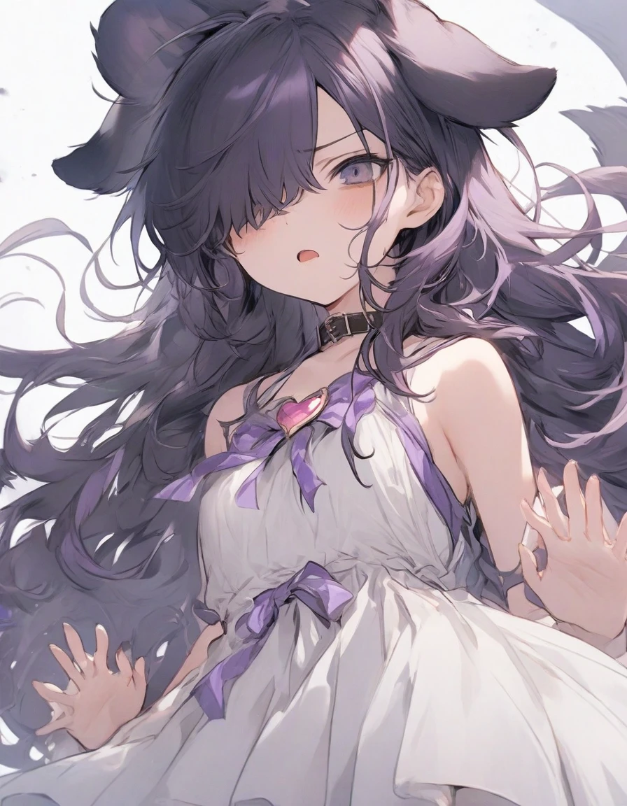 cute dress,(from below:1.25),angry,open mouth,standing,、、、purple ribbon,,,heart_brooch,{masterpiece), best quality, illustration, (1girl), , expressionless,,, (small breasts:1.2).rib, flat chest, ,,(purple hair:1.25),,bags_under_eyes,, (hair over one eye:1.25),,, , jimiko, long hair,big hair, {{shaded face}},, , {shaded face}, ,1girl, wince,,, darkness, dog ears,dog tail, collar,(raise both hands:1.3), threatening pose, "gao" pose, raise chin,1girl,