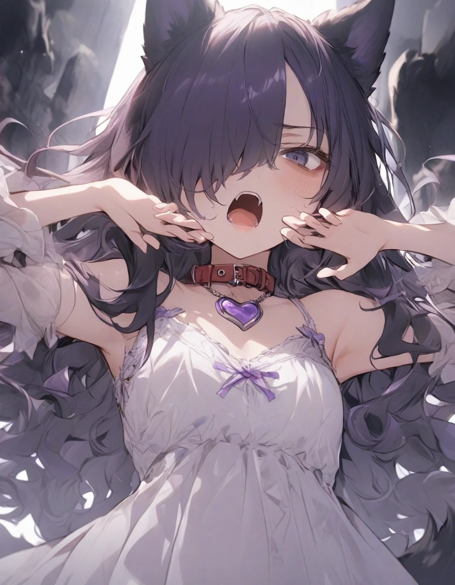 cute dress,(from below:1.25),angry,open mouth,standing,、、、purple ribbon,,,heart_brooch,{masterpiece), best quality, illustration, (1girl), , expressionless,,, (small breasts:1.2).rib, flat chest, ,,(purple hair:1.25),,bags_under_eyes,, (hair over one eye:1.25),,, , jimiko, long hair,big hair, {{shaded face}},, , {shaded face}, ,1girl, wince,,, darkness, dog ears,dog tail, collar,(raise both hands:1.3), threatening pose, "gao" pose, raise chin,1girl,