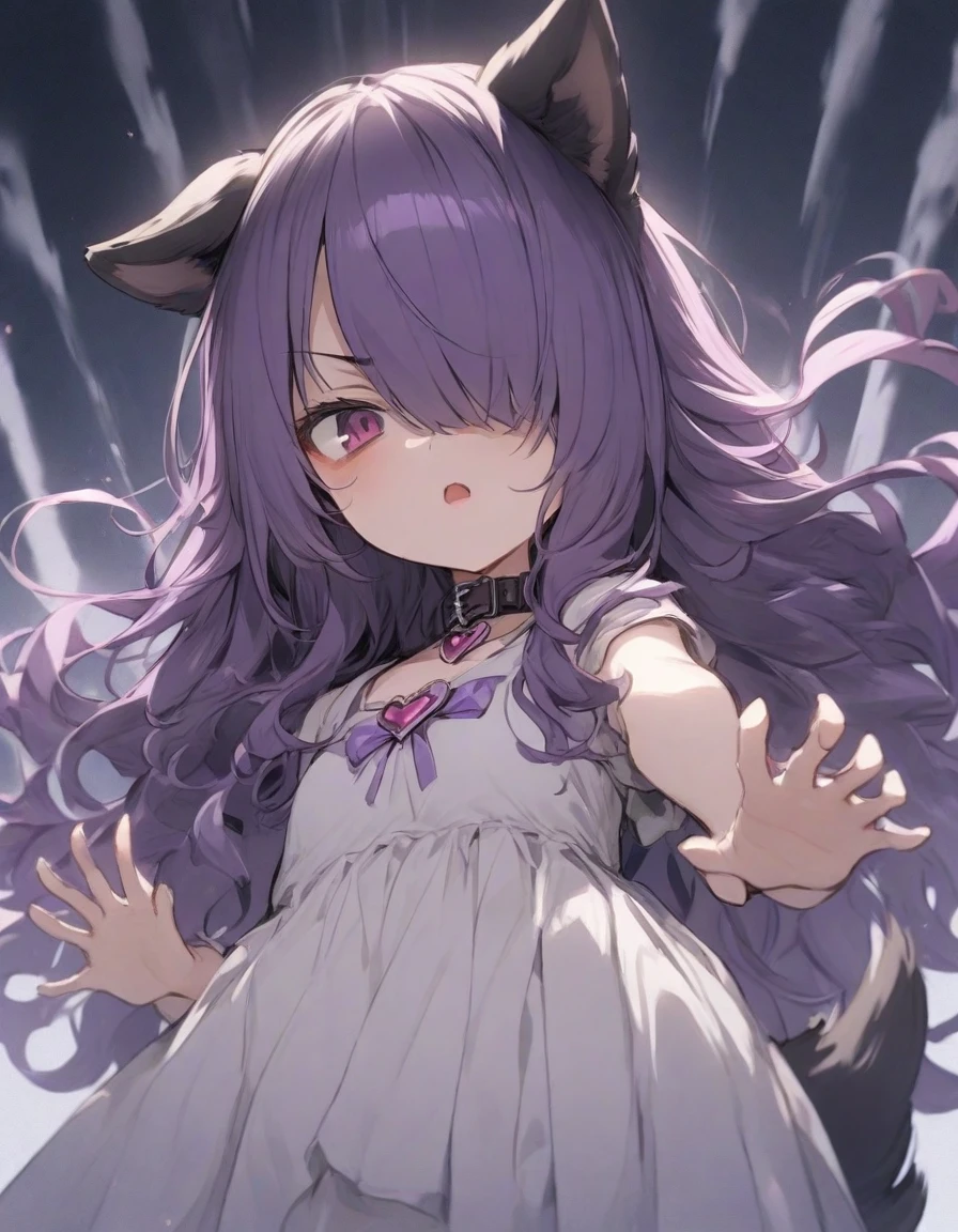 cute dress,(from below:1.25),angry,open mouth,standing,、、、purple ribbon,,,heart_brooch,{masterpiece), best quality, illustration, (1girl), , expressionless,,, (small breasts:1.2).rib, flat chest, ,,(purple hair:1.25),,bags_under_eyes,, (hair over one eye:1.25),,, , jimiko, long hair,big hair, {{shaded face}},, , {shaded face}, ,1girl, wince,,, darkness, dog ears,dog tail, collar,(raise both hands:1.3), threatening pose, "gao" pose, raise chin,1girl,