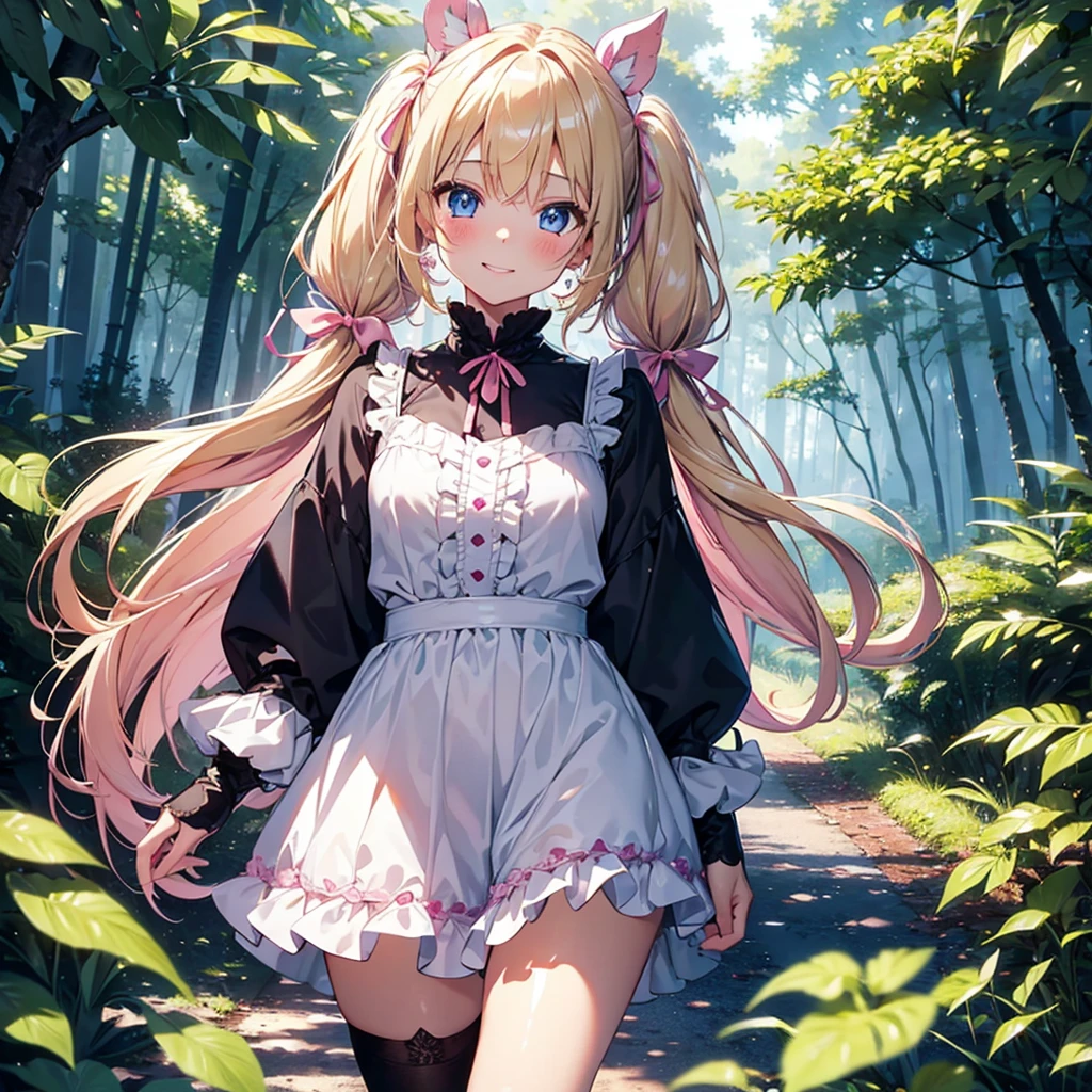 finely detailed beautiful girl, detailed 16k best quality, shiny hair, ultra-detailed beautiful shiny highlight clear eyes focus, Blushing、Blonde、Twin tails、Blue Eyes、laughing、Walking in the forest、Pink ribbon、