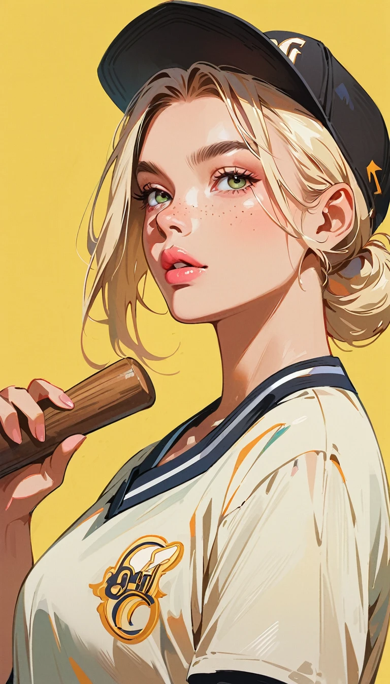 (masterpiece、Highest quality: 1.2)、1 girl、、Anime Style、Blonde、Pink Lips、Freckles、Baseball cap、Baseball Uniforms、In the style of a leading portraitist、Yellow background。Holding a wooden bat、whole body