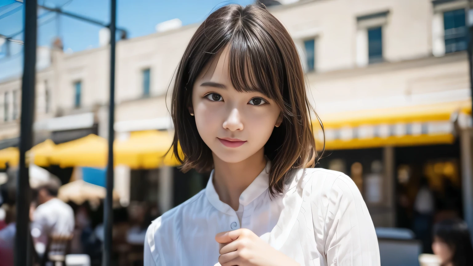 masterpiece, Highest quality, 8K, Disorganized person, claw pose,Stylish cafe,White shirt, beautiful girl, Pretty face, Looking at the audience, smile, Ultra-realistic, High resolution, photograph, Sharp focus, High resolution, Face Light, Dynamic Lighting, Cinema Lighting,  Beautiful cafe background, Best details, Very detailed, Very detailedな, finely, Real Skin, Delicate facial features, Detailed face and eyes, Sharp pupils、Real students