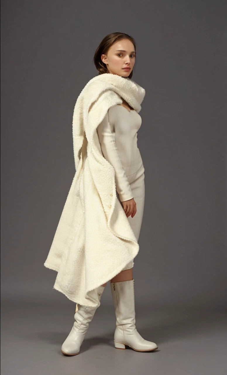 Make a picture of natalie portman with thick legs and big breasts wearing a white skirt and white high heel boots