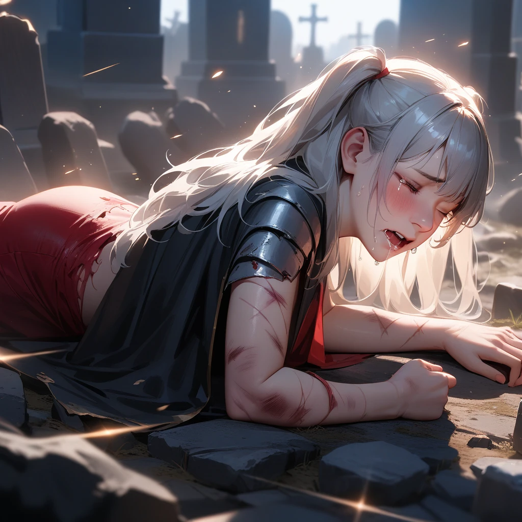 (masterpiece), (best quality), very aesthetic, absurdres, realistic, (two side up), long hair, silver hair, (red pencil Dress, single shoulders armor with Cape, pencil miniskirt), [black thigh-highs], [white panties], (injury skin, scar skin, bleeding skin, torn clothes:1.1), Broken Armor, BREAK NSFW, solo, 1girl, lying, (on stomach, from behind), (one eye closed, cry, tears), sigh, blush, sweat, (outdoors, graveyard), sparks, shockwave, stone Debris, cinematic lighting, diffraction spikes, three quarter view