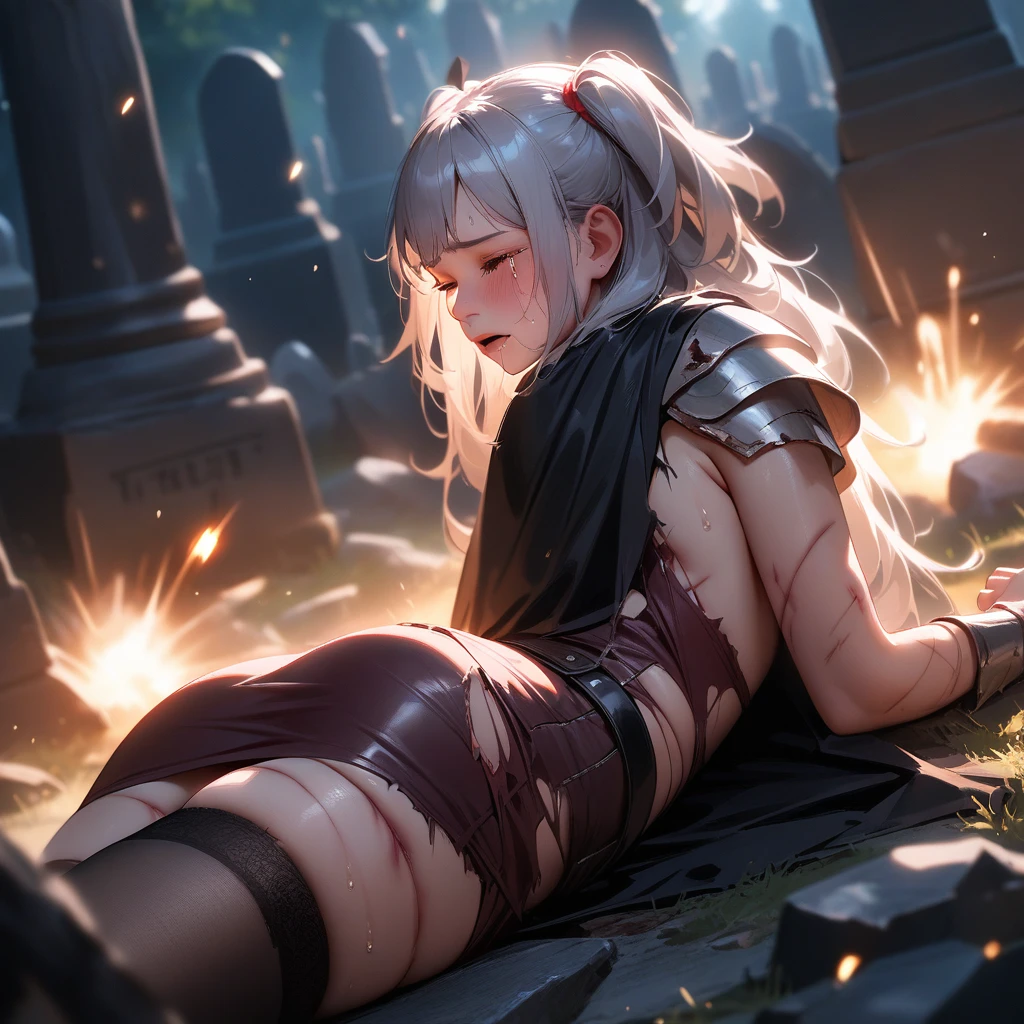 (masterpiece), (best quality), very aesthetic, absurdres, realistic, 1girl, (two side up), long hair, silver hair, (red pencil Dress, single shoulders armor with Cape, pencil miniskirt), [black thigh-highs], [white panties], (injury skin, scar skin, bleeding skin, torn clothes:1.1), Broken Armor, NSFW, lying, on side, leaning back, (one eye closed, cry, tears), sigh, blush, sweat, (outdoors, graveyard), sparks, shockwave, stone Debris, cinematic lighting, diffraction spikes, three quarter view