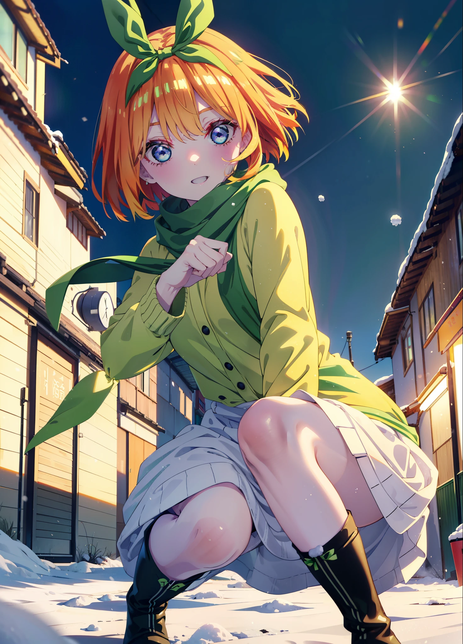 Yotsubanakano, Yotsuba Nakano, bangs, short hair, blue eyes, Hair between the eyes, hair ribbon, hair band, Orange Hair, (Green ribbon:1.5), smile,Green long coat,sweater,White scarf,Long skirt,Black pantyhose,short boots,It&#39;s snowing,Snow is piled up,Walking,whole bodyがイラストに入るように,
break ourdoors, Snow Country,
break looking at viewer, whole body,
break (masterpiece:1.2), Highest quality, High resolution, unity 8k wallpaper, (figure:0.8), (Beautiful attention to detail:1.6), Highly detailed face, Perfect lighting, Highly detailed CG, (Perfect hands, Perfect Anatomy),