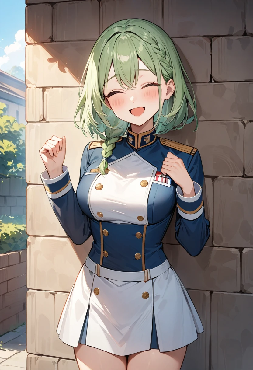 (masterpiece, top quality, very aesthetic, 4k、illustration), intricate detail, 1girl,Standing in front of a wall、(upper body)、happy smile、Open mouth、closed eyes、(braid hair)、
Cute 、light green hair、,middle hair,sidelock ,,blue eyeilitary uniform、Tight skirt、,medium breasts、Slim 、