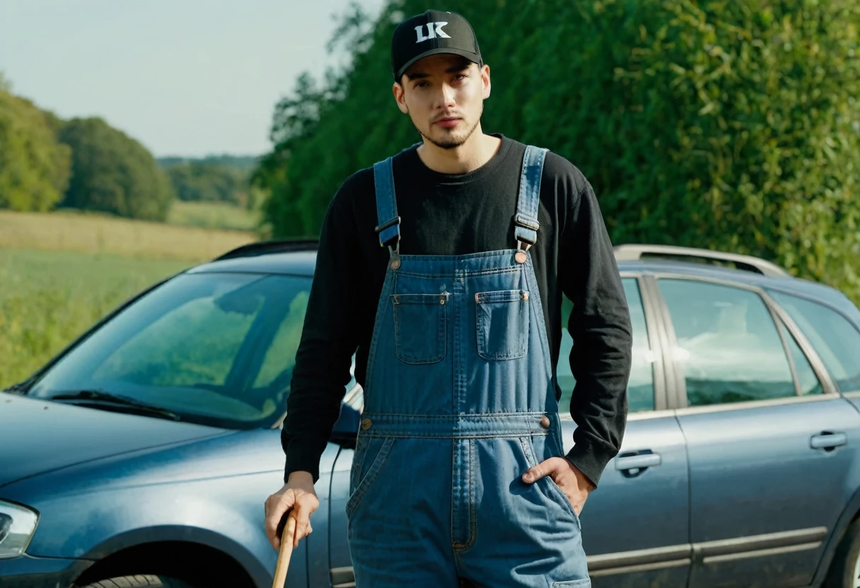 guy wearing work overalls and black cap leaning on car , full body , high quality , 4k , holding stick with his hand on his shoulder
