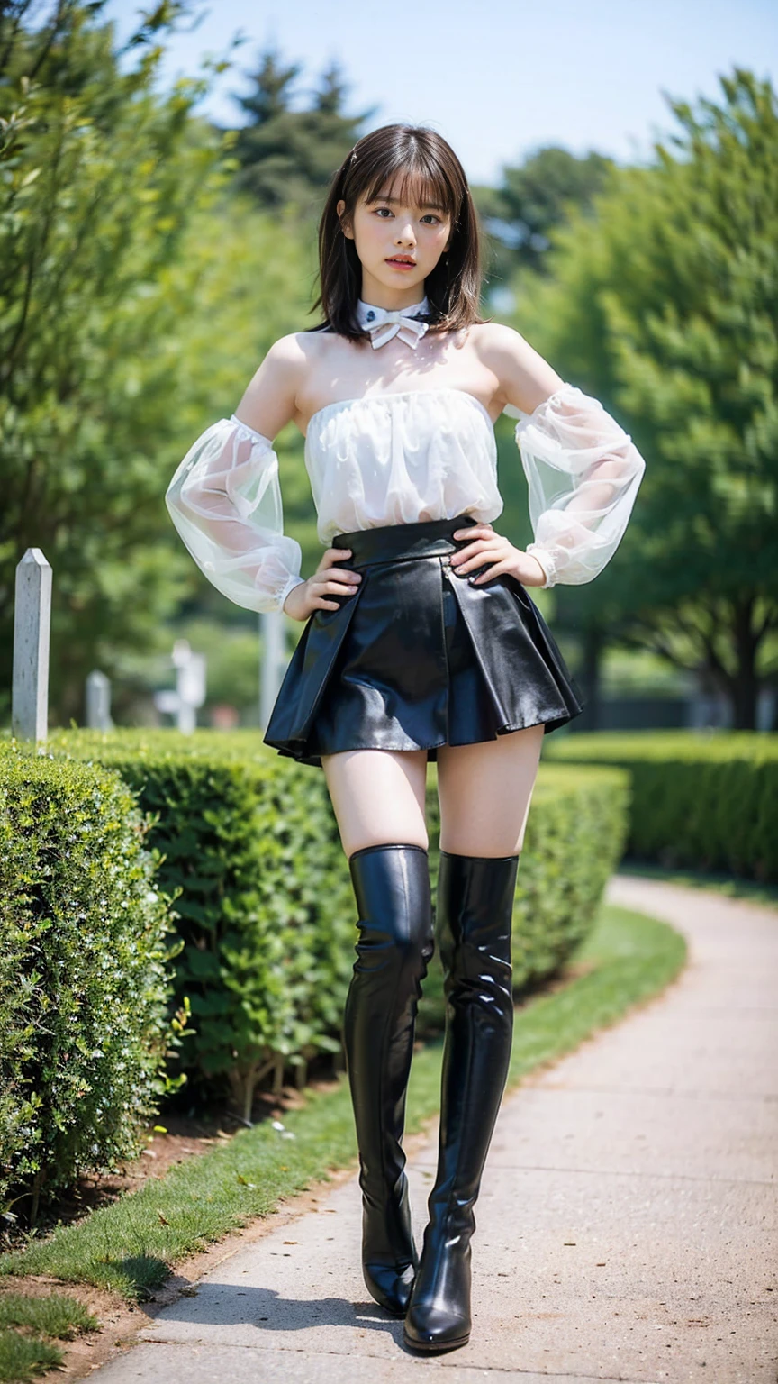 (8K、RAW Photos、Highest quality、masterpiece:1.2)、(Highest quality、Realistic)、1 Girl、((Tube top、mini skirt、Idol Costume、ribbon、Medium Hair、See-through、black、lame、Thin legs、whole body、boots、garden、View from the front、Looking into the camera、Stand with hands on hips))、cute