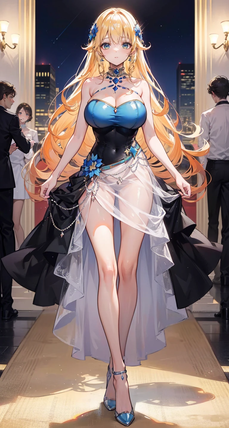 beautiful woman，(has long golden hair)，nobility，(princess)，blue student，Tall figure，((Strapless dress))，low skirt，(Star evening dress)，Show your legs，Crystal heels，red carpet，prom website，(nobility)，(big tits)