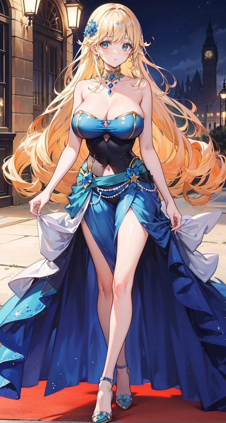 beautiful woman,(has long golden hair),nobility,(princess),blue student,Tall figure,((Strapless dress)),low skirt,(Star evening dress),Show your legs,Crystal heels,red carpet,prom website,(nobility),(big tits)